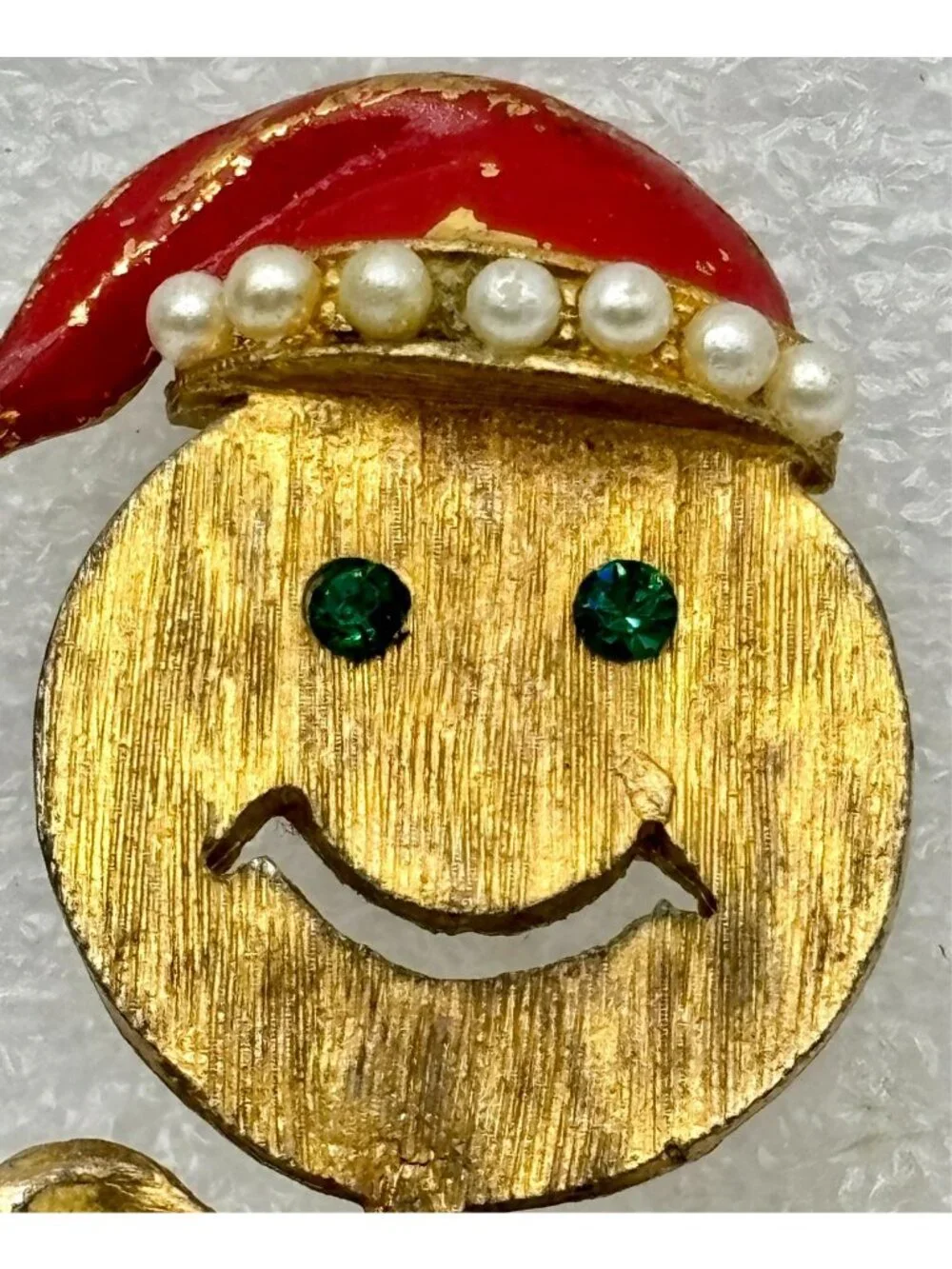 1970s Stick Figure Happy Face Santa Enamel Rhinestone Faux Pearl Brooch